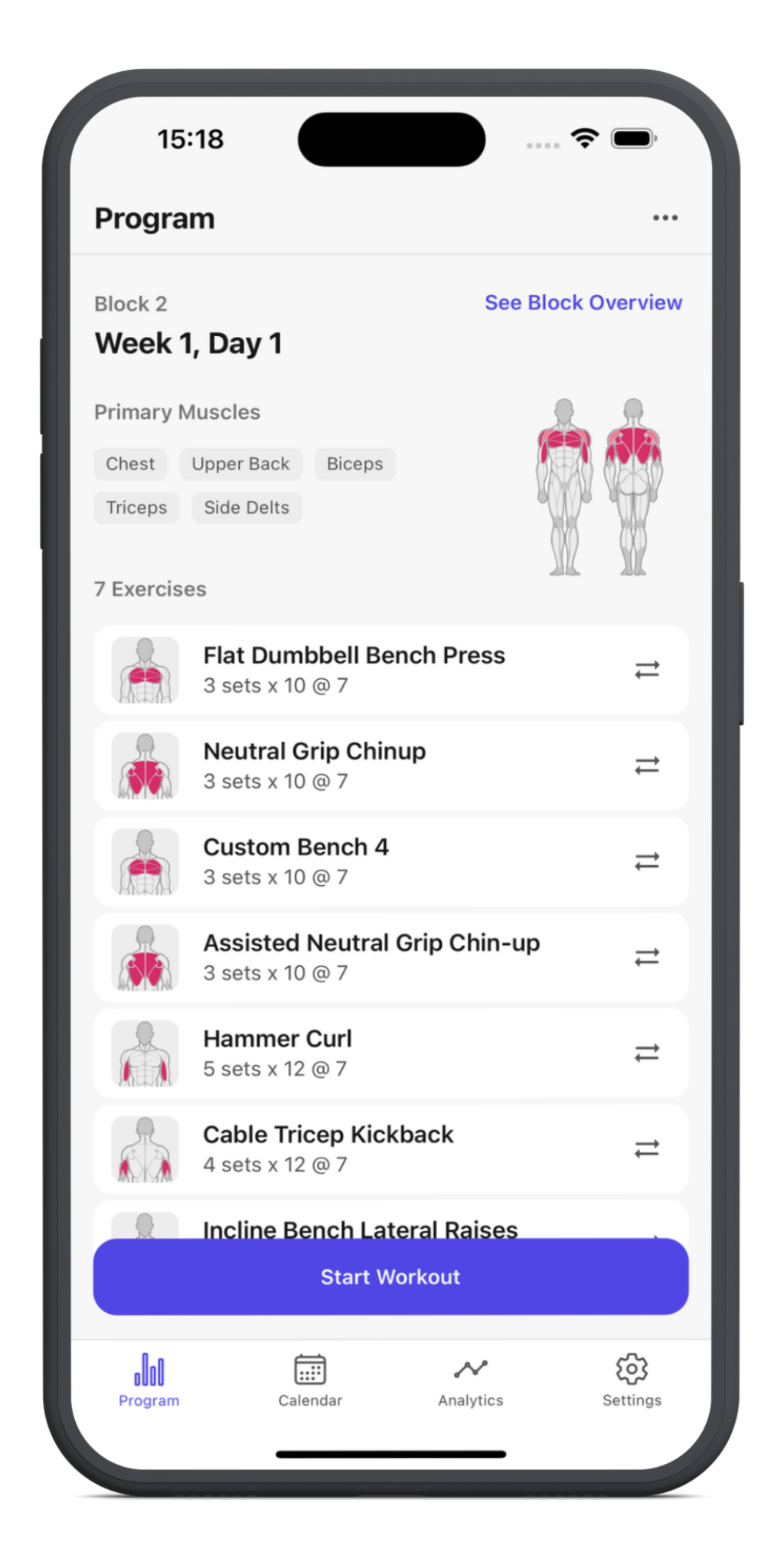 App screen showing a program day with its primary muscles and exercises